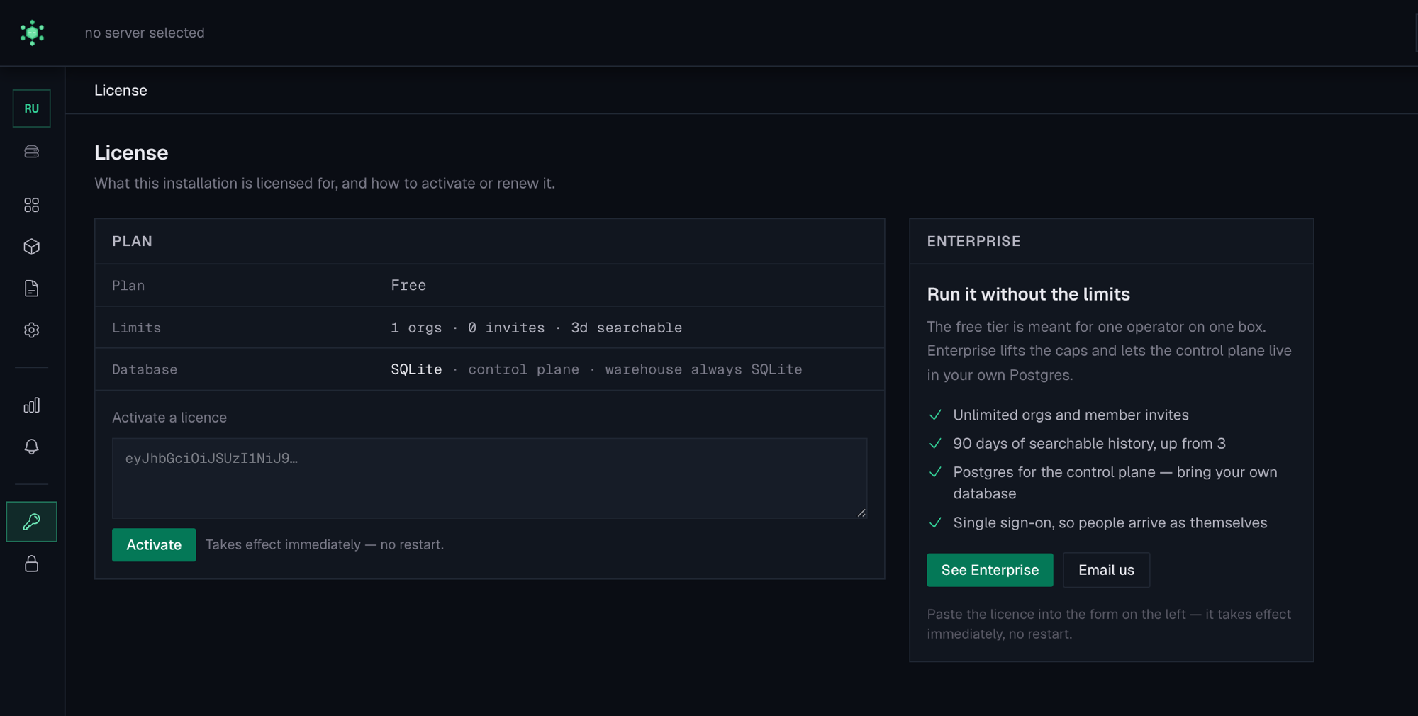 The License screen on the free tier: a Plan card showing Free with its limits and an Activate a licence field, beside an Enterprise panel