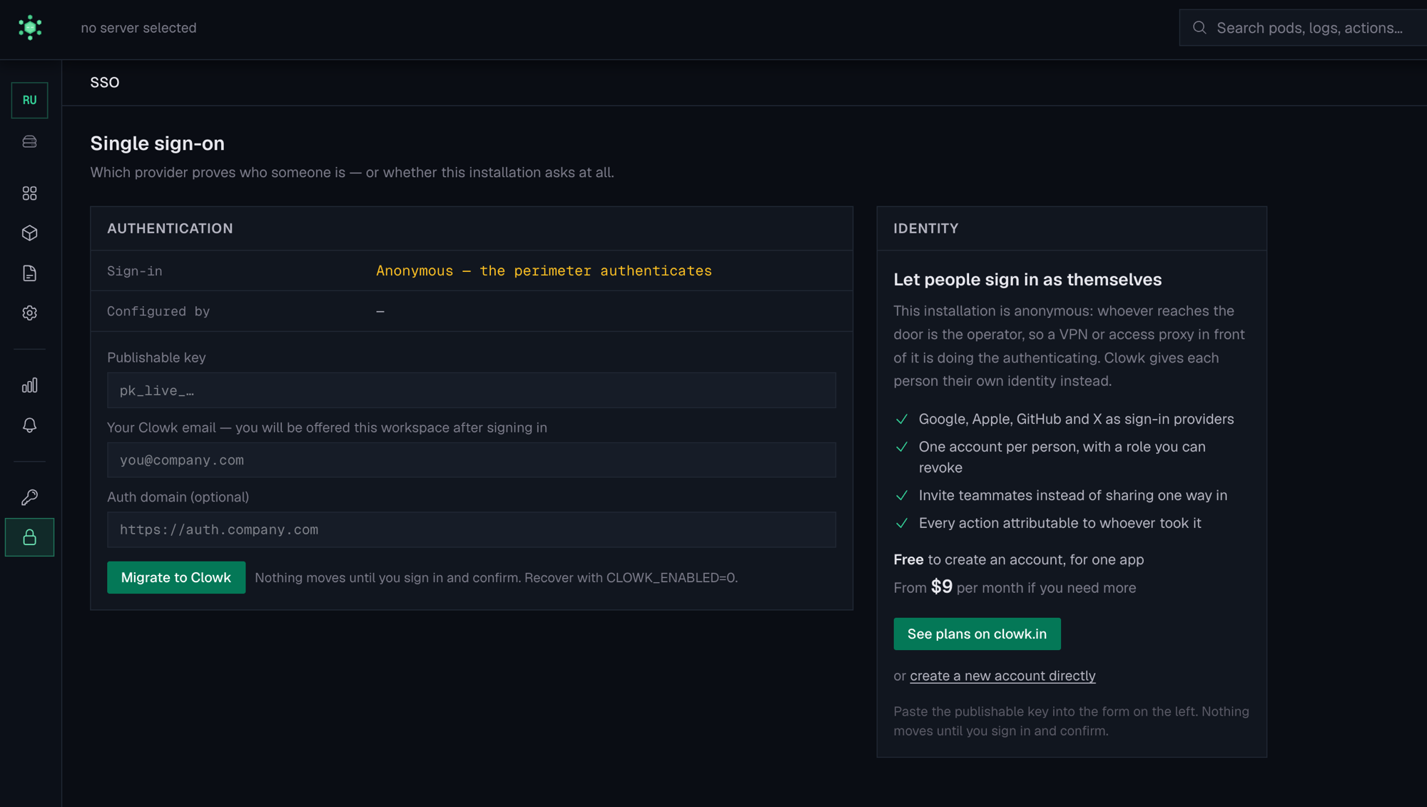 The Single sign-on screen: an Authentication card showing Anonymous with fields for a publishable key and the owner email, beside an Identity panel explaining Clowk